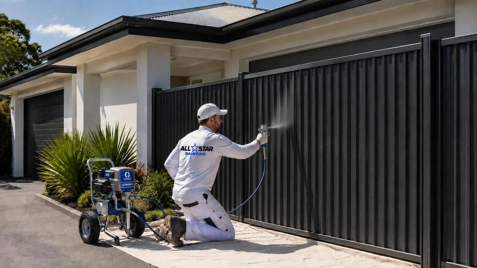 All Star painter spraying a charcoal Colorbond fence, drop sheets down and airless pump on the driveway