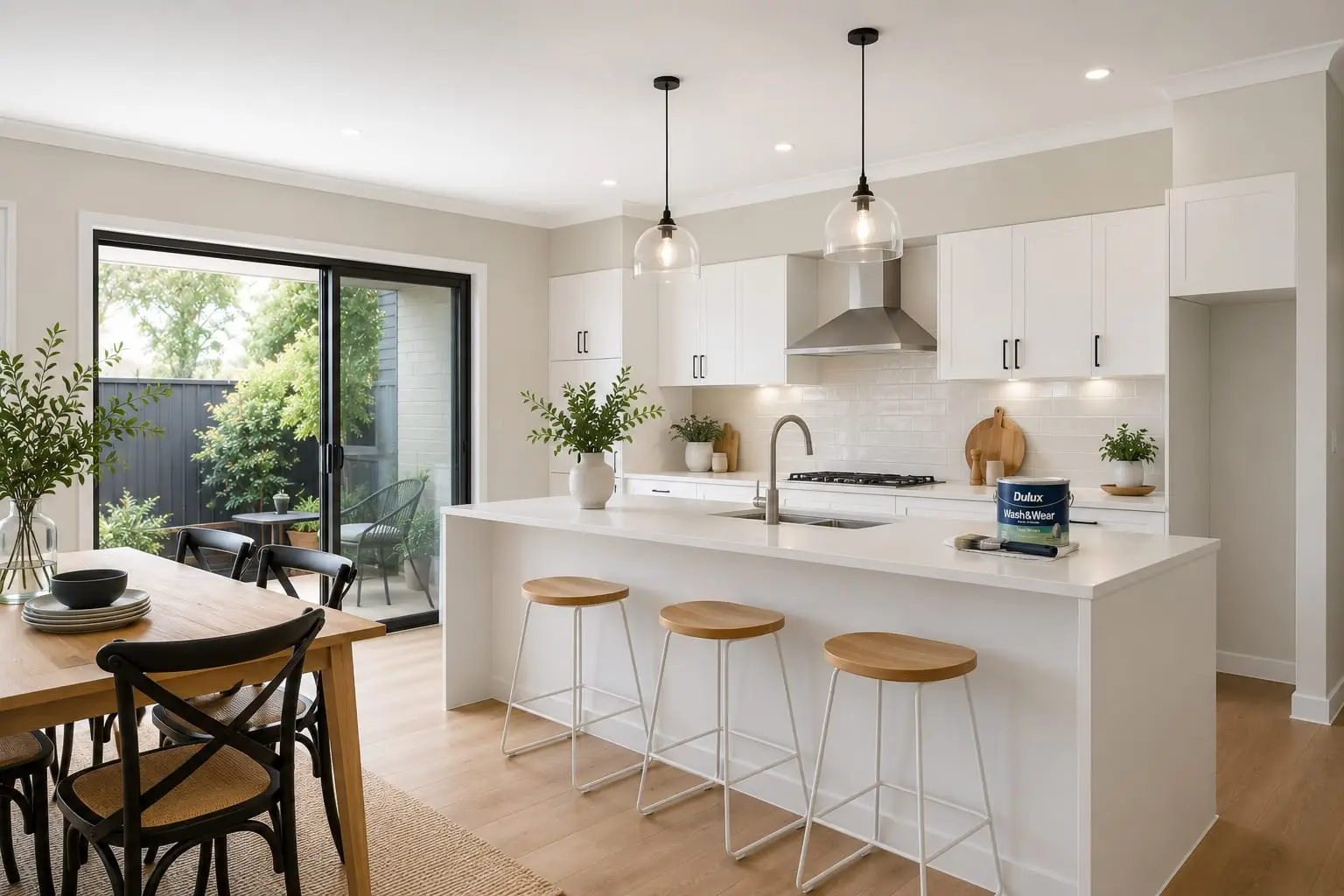 Freshly painted open-plan kitchen and dining room in white